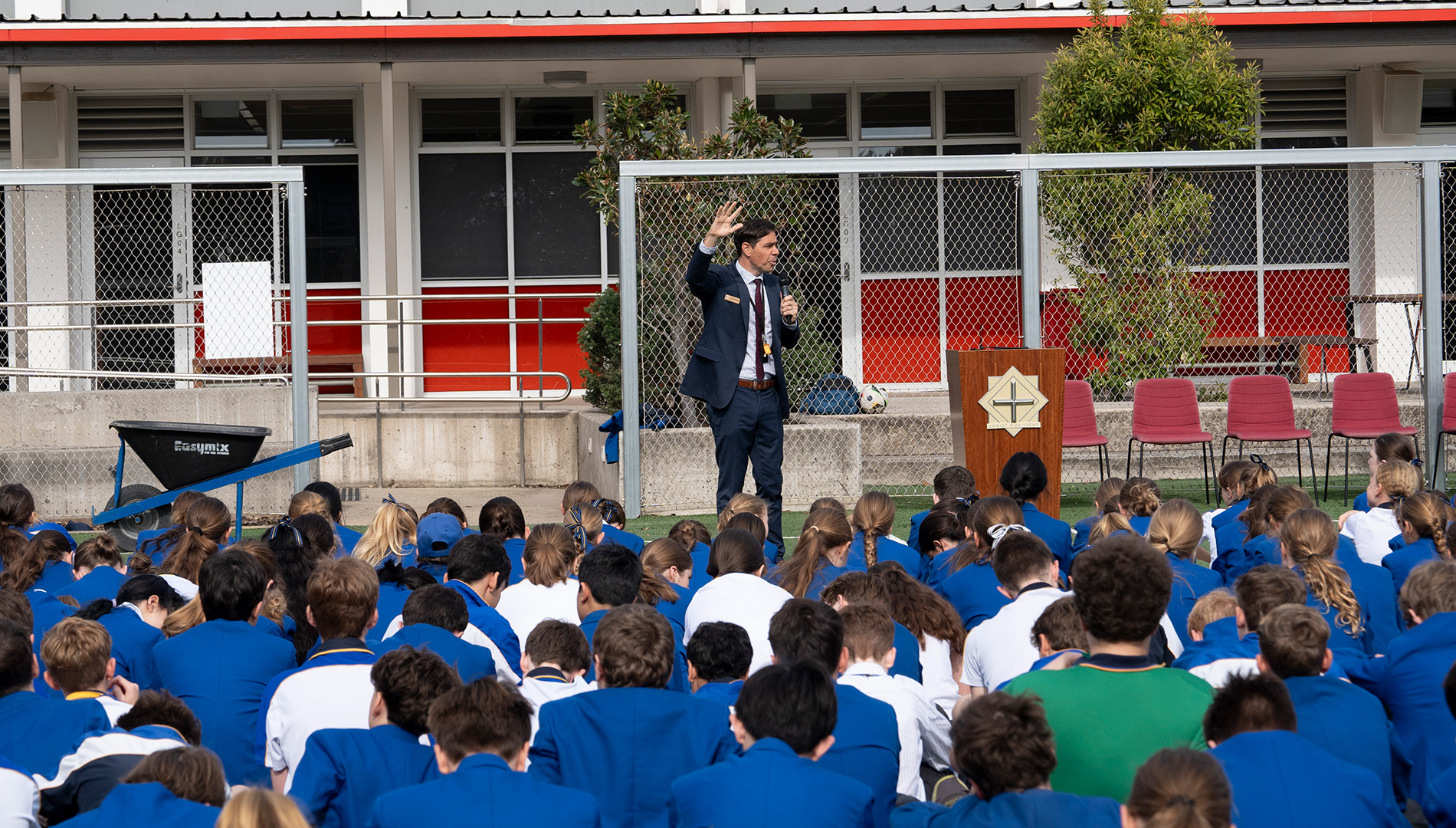 Mr Chilton speaking at Chapel on the bottom oval.